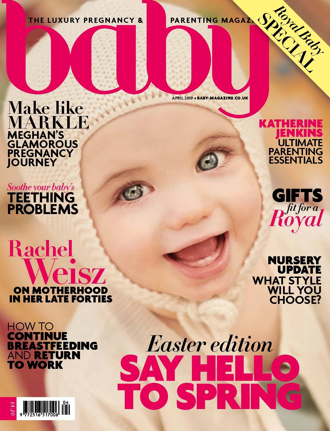 Baby magazine April 2019 cover: smiling baby in a cream knitted bonnet, styled by Charlotte Kewley